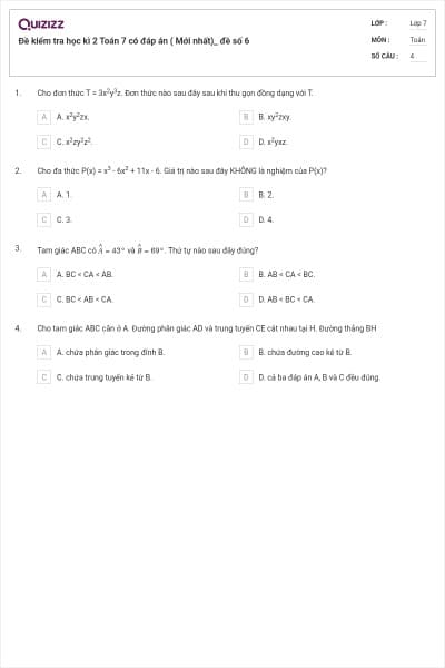 Đề kiểm tra học kì 2 Toán 7 có đáp án ( Mới nhất)_ đề số 6