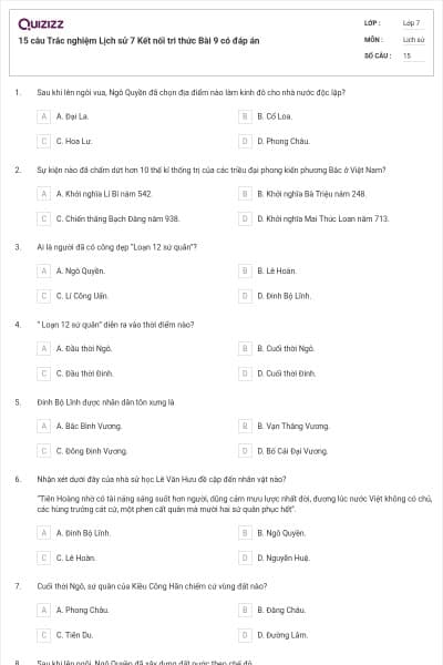 15 câu Trắc nghiệm Lịch sử 7 Kết nối tri thức Bài 9 có đáp án