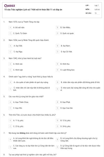 15 câu Trắc nghiệm Lịch sử 7 Kết nối tri thức Bài 11 có đáp án