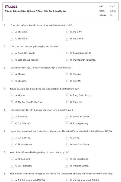15 câu Trắc nghiệm Lịch sử 7 Cánh diều Bài 2 có đáp án
