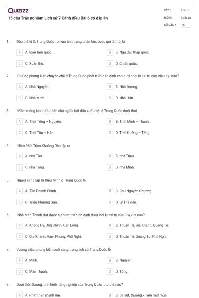 15 câu Trắc nghiệm Lịch sử 7 Cánh diều Bài 6 có đáp án