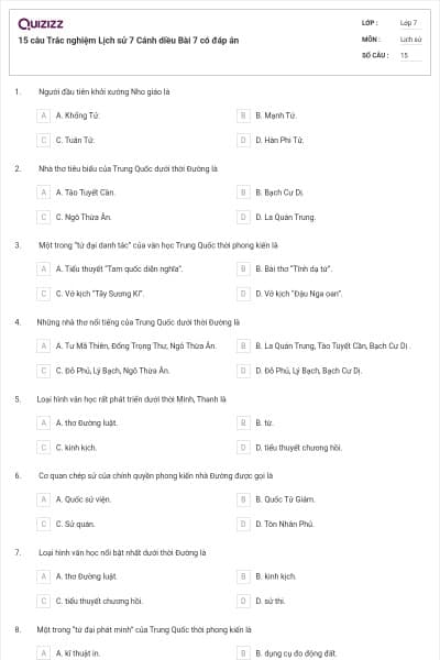 15 câu Trắc nghiệm Lịch sử 7 Cánh diều Bài 7 có đáp án