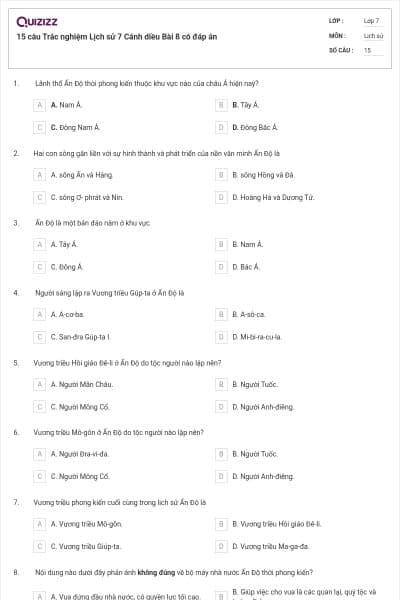 15 câu Trắc nghiệm Lịch sử 7 Cánh diều Bài 8 có đáp án