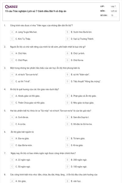 15 câu Trắc nghiệm Lịch sử 7 Cánh diều Bài 9 có đáp án