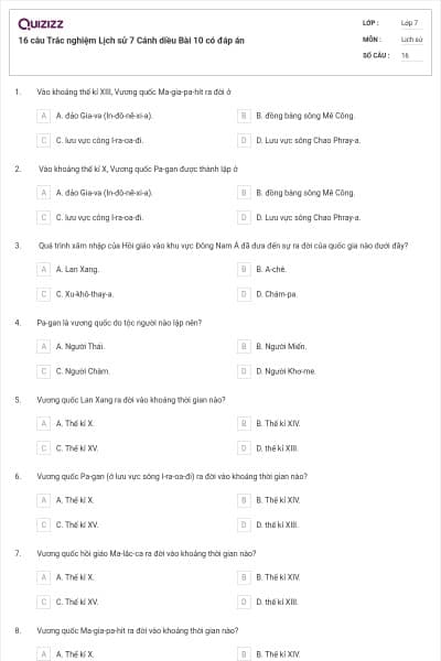 16 câu Trắc nghiệm Lịch sử 7 Cánh diều Bài 10 có đáp án