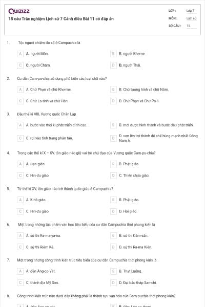 15 câu Trắc nghiệm Lịch sử 7 Cánh diều Bài 11 có đáp án