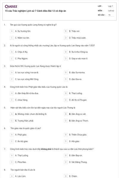 15 câu Trắc nghiệm Lịch sử 7 Cánh diều Bài 12 có đáp án
