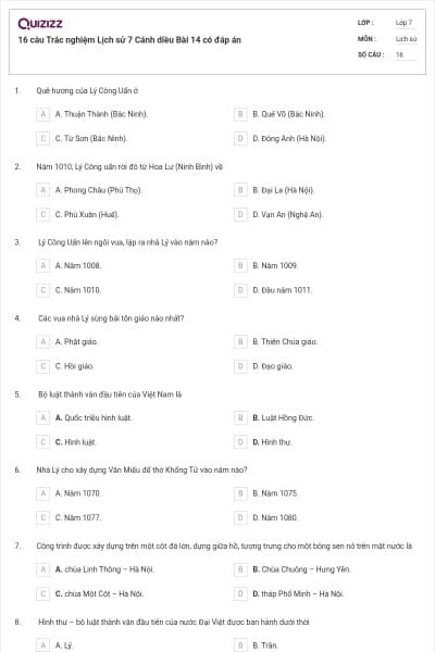16 câu Trắc nghiệm Lịch sử 7 Cánh diều Bài 14 có đáp án