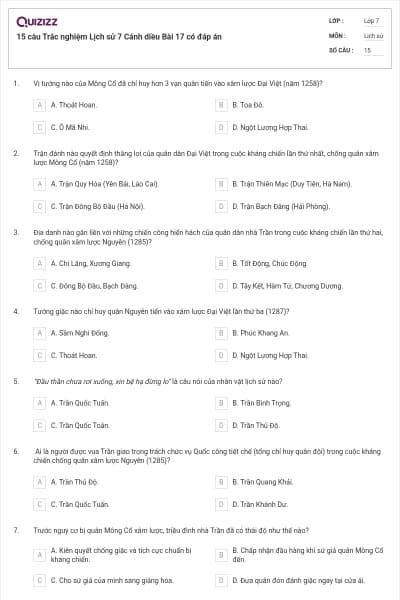 15 câu Trắc nghiệm Lịch sử 7 Cánh diều Bài 17 có đáp án