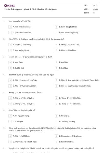 15 câu Trắc nghiệm Lịch sử 7 Cánh diều Bài 18 có đáp án