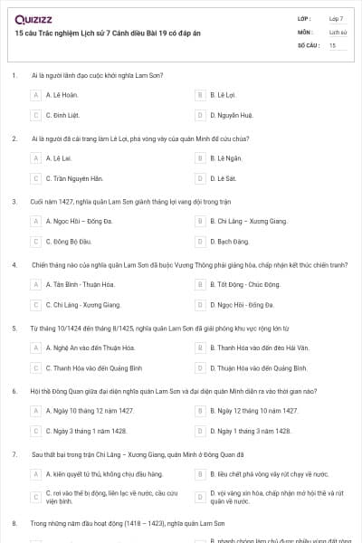 15 câu Trắc nghiệm Lịch sử 7 Cánh diều Bài 19 có đáp án