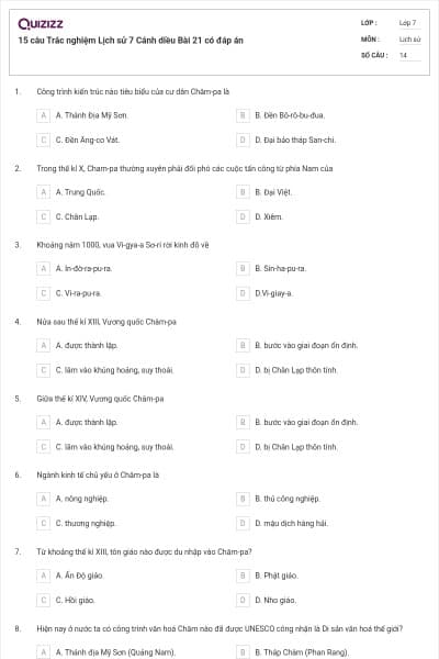 15 câu Trắc nghiệm Lịch sử 7 Cánh diều Bài 21 có đáp án
