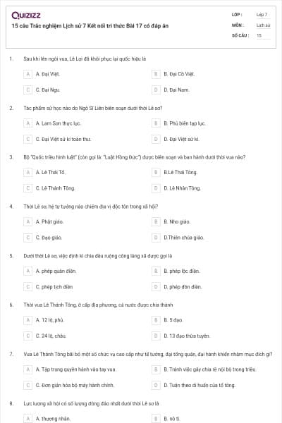 15 câu Trắc nghiệm Lịch sử 7 Kết nối tri thức Bài 17 có đáp án