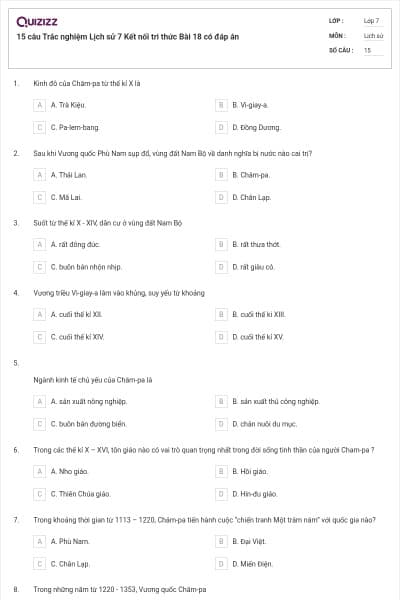 15 câu Trắc nghiệm Lịch sử 7 Kết nối tri thức Bài 18 có đáp án