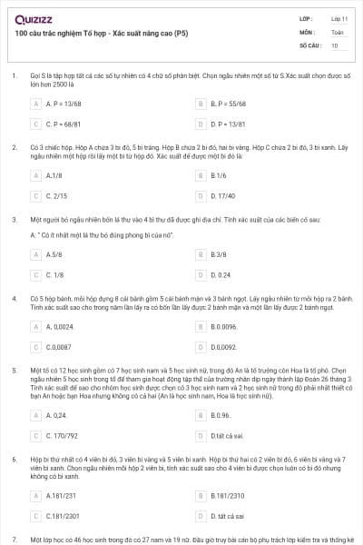 100 câu trắc nghiệm Tổ hợp - Xác suất nâng cao (P5)