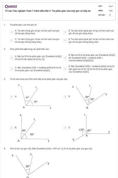 15 câu Trắc nghiệm Toán 7 Cánh diều Bài 2: Tia phân giác của một góc có đáp án