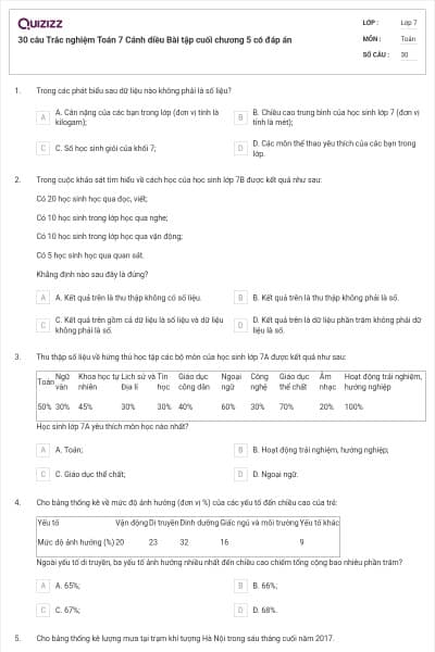 30 câu Trắc nghiệm Toán 7 Cánh diều Bài tập cuối chương 5 có đáp án