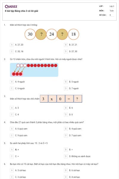 8 bài tập Bảng chia 3 có lời giải