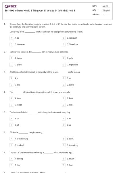 Bộ 14 Đề kiểm tra Học kì 1 Tiếng Anh 11 có đáp án (Mới nhất) - Đề 3