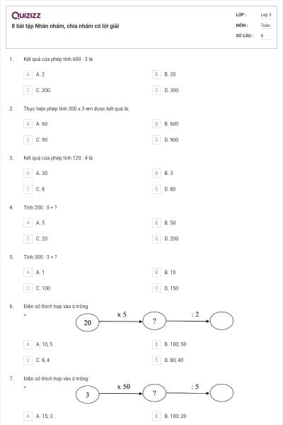 8 bài tập Nhân nhẩm, chia nhẩm có lời giải