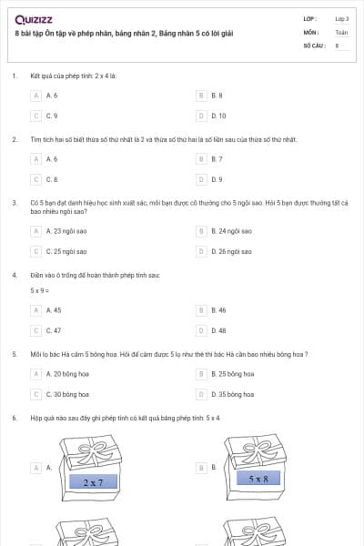 8 bài tập Ôn tập về phép nhân, bảng nhân 2, Bảng nhân 5 có lời giải