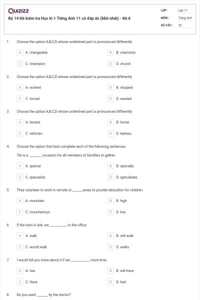 Bộ 14 Đề kiểm tra Học kì 1 Tiếng Anh 11 có đáp án (Mới nhất) - Đề 6