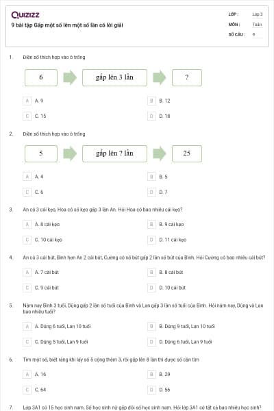 9 bài tập Gấp một số lên một số lần có lời giải