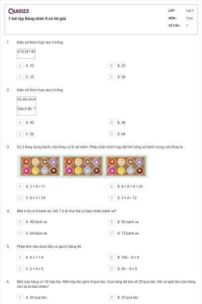 7 bài tập Bảng nhân 8 có lời giải