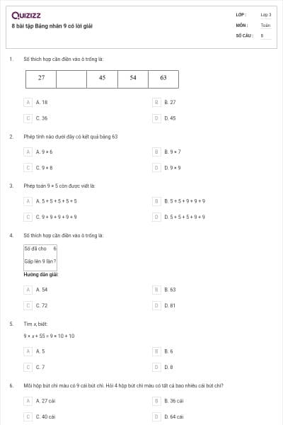 8 bài tập Bảng nhân 9 có lời giải