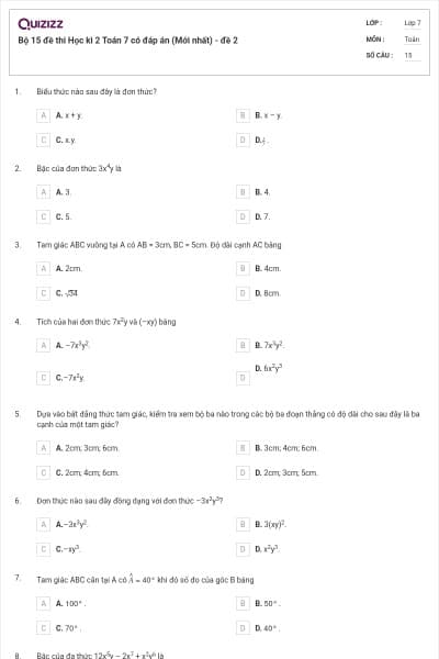Bộ 15 đề thi Học kì 2 Toán 7 có đáp án (Mới nhất) - đề 2
