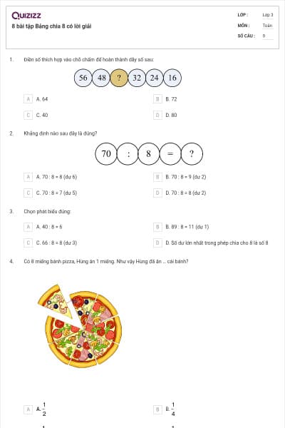 8 bài tập Bảng chia 8 có lời giải