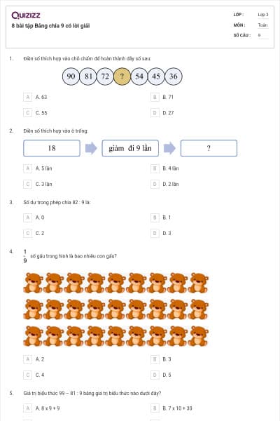 8 bài tập Bảng chia 9 có lời giải