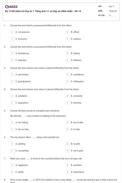 Bộ 14 Đề kiểm tra Học kì 1 Tiếng Anh 11 có đáp án (Mới nhất) - Đề 14