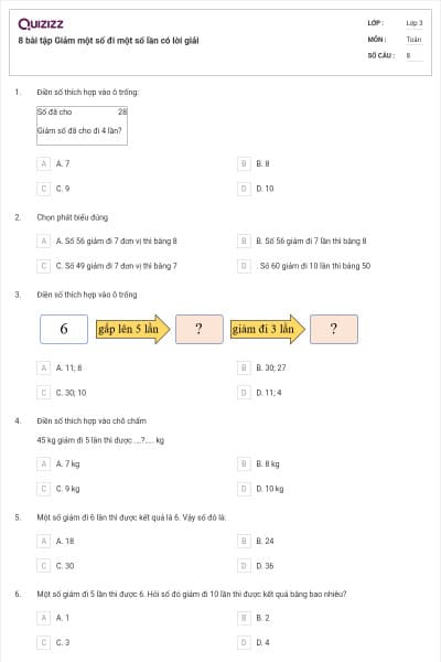 8 bài tập Giảm một số đi một số lần có lời giải