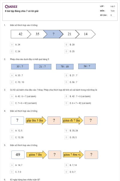 8 bài tập Bảng chia 7 có lời giải