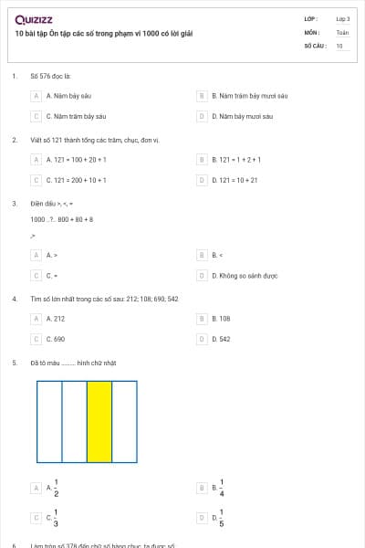 10 bài tập Ôn tập các số trong phạm vi 1000 có lời giải