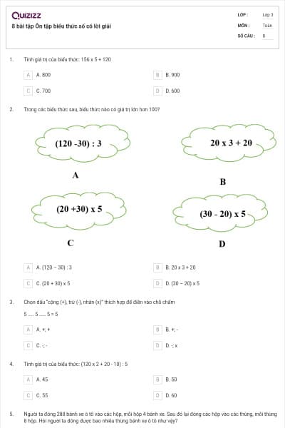 8 bài tập Ôn tập biểu thức số có lời giải