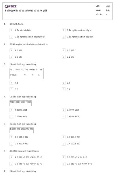 8 bài tập Các số có bốn chữ số có lời giải