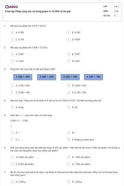 8 bài tập Phép cộng các số trong phạm vi 10 000 có lời giải