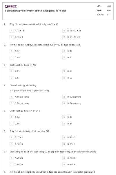 8 bài tập Nhân với số có một chữ số (không nhớ) có lời giải