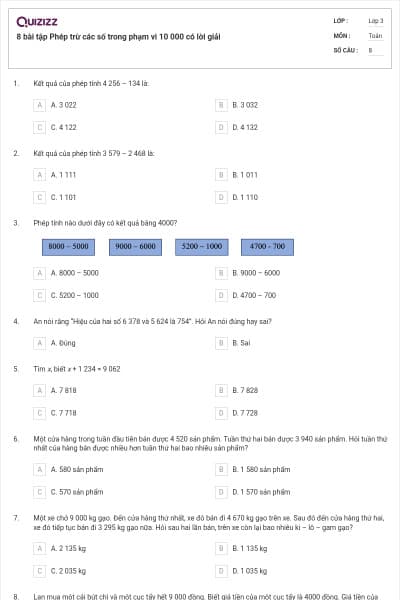8 bài tập Phép trừ các số trong phạm vi 10 000 có lời giải
