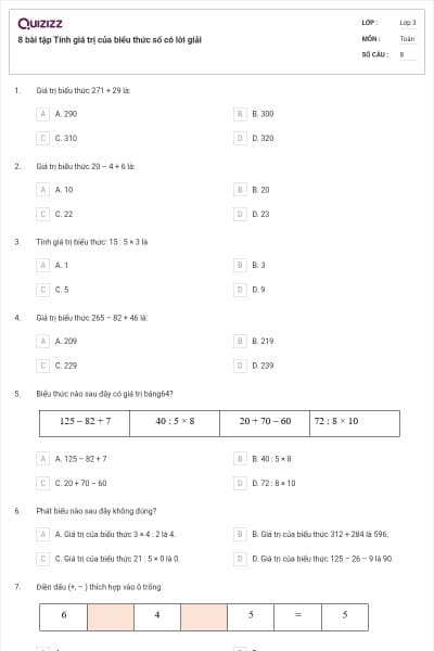 8 bài tập Tính giá trị của biểu thức số có lời giải