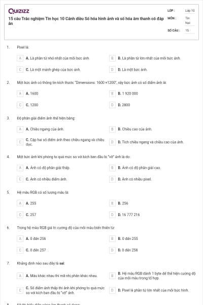 15 câu Trắc nghiệm Tin học 10 Cánh diều Số hóa hình ảnh và số hóa âm thanh có đáp án