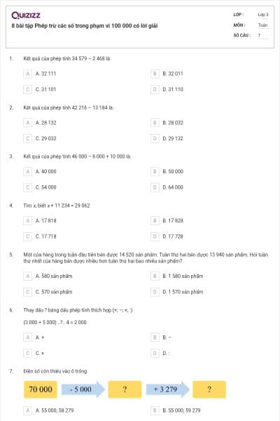 8 bài tập Phép trừ các số trong phạm vi 100 000 có lời giải