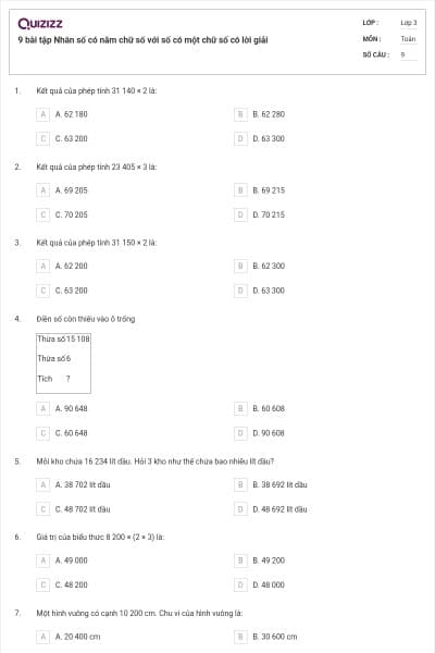9 bài tập Nhân số có năm chữ số với số có một chữ số có lời giải