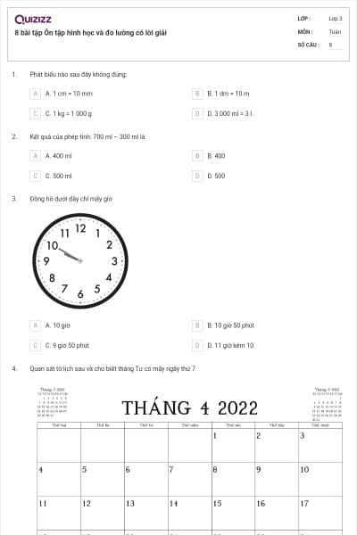 8 bài tập Ôn tập hình học và đo lường có lời giải
