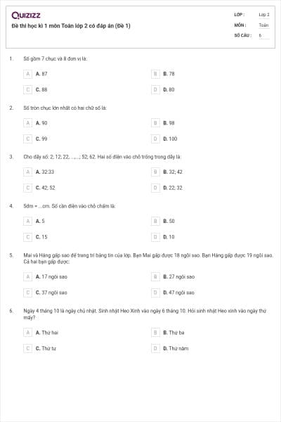 Đề thi học kì 1 môn Toán lớp 2 có đáp án (Đề 1)