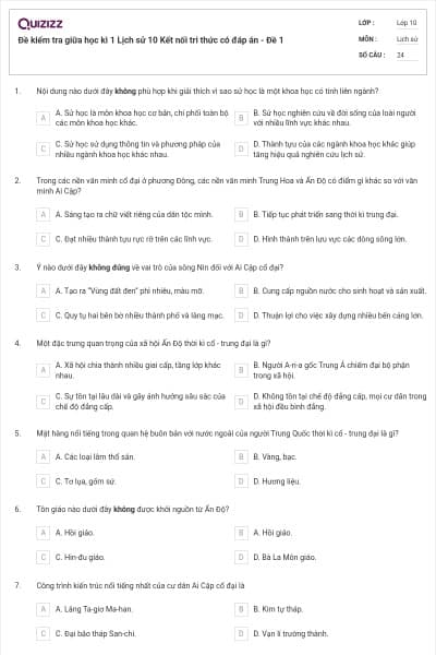 Đề kiểm tra giữa học kì 1 Lịch sử 10 Kết nối tri thức có đáp án - Đề 1