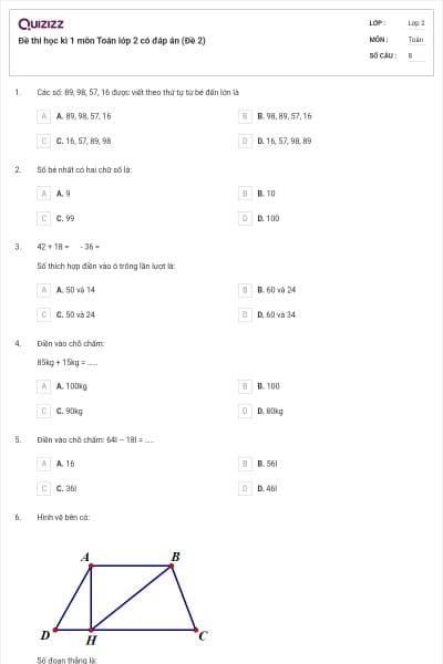 Đề thi học kì 1 môn Toán lớp 2 có đáp án (Đề 2)