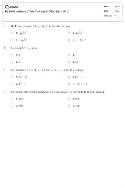 Bộ 15 đề thi Học kì 2 Toán 7 có đáp án (Mới nhất) - đề 10